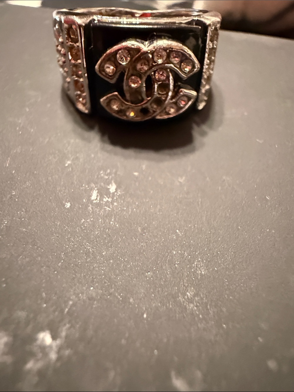 CHANEL Silver and Black Crystal CC Signet Ring